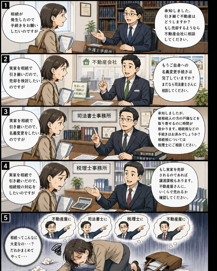 従来の相続手続きの流れ。弁護士事務所、不動産会社、司法書士事務所、税理士事務所と相談先をたらい回しにされ、相談者が「相続ってこんなに大変なの、だれかまとめてやって」と疲れてしまう5コマ漫画