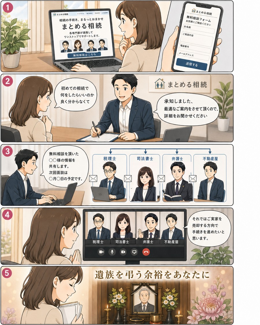 まとめる相続の流れ。フォームから相談し、窓口で状況を聞き取り、税理士・司法書士・弁護士・不動産会社へ情報を共有。オンラインで方針を決め、ご遺族が故人を偲ぶ時間を確保できる5コマ漫画